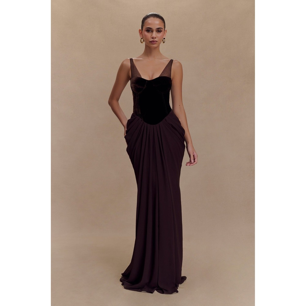 MESHKI Roxanne Velvet Corset Maxi Dress Cacao Brown XS New With Tags